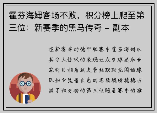 霍芬海姆客场不败，积分榜上爬至第三位：新赛季的黑马传奇 - 副本