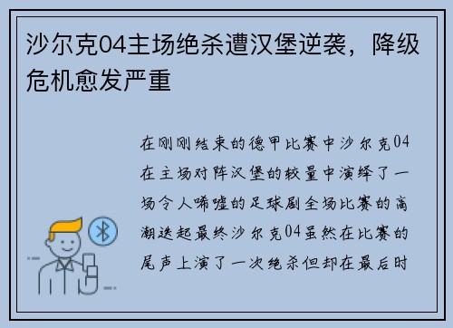 沙尔克04主场绝杀遭汉堡逆袭，降级危机愈发严重