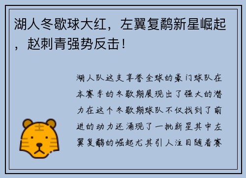 湖人冬歇球大红，左翼复鹬新星崛起，赵刺青强势反击！
