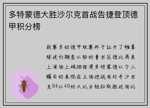多特蒙德大胜沙尔克首战告捷登顶德甲积分榜