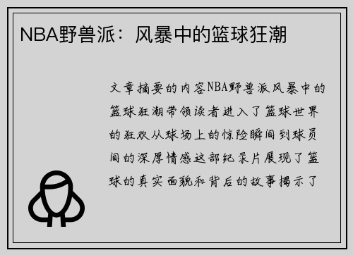 NBA野兽派：风暴中的篮球狂潮
